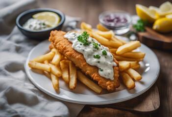crispy fish and chips with artisan tartar sauce and a slice of lemon