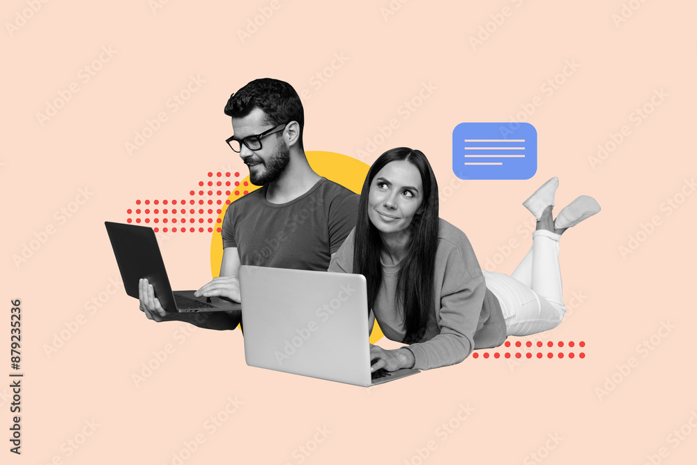 Poster composite collage picture image of two young people working online message computer remote study fan
