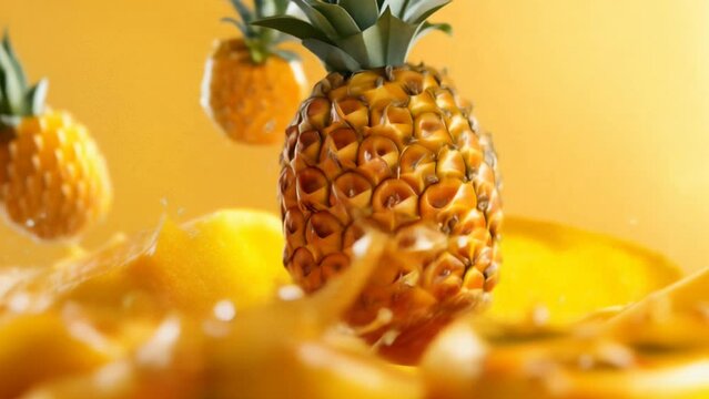 A fresh pineapple splashes into bright yellow juice, highlighting its juicy texture and tropical allure