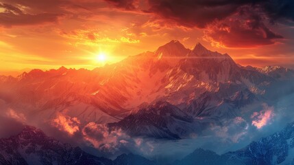 Glowing sunset casting warm light on mountains