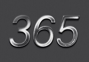 Chrome metal 3D number design of 365 on grey background.	