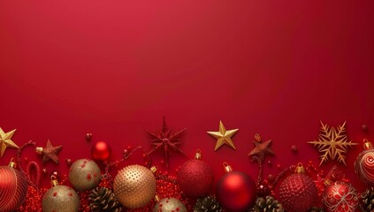 Festive Christmas Ornaments and Decorations on Red Background with Holiday Spirit