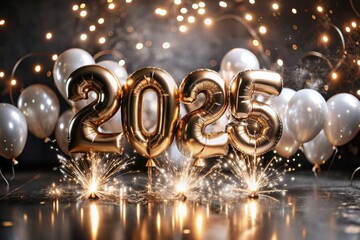 Happy New Year 2025. Helium balloons made of gold foil with the numbers 2025 and confetti on a black background. A festive poster or banner for a party and New Year's Eve.