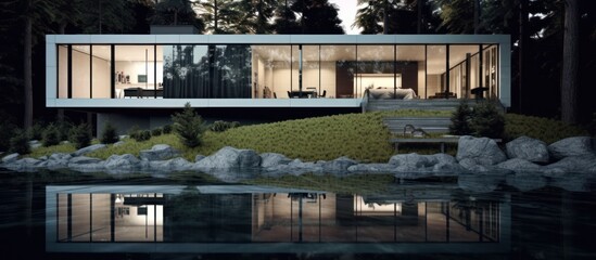 Fototapeta premium Modern Glass House with Water Reflection in Forest