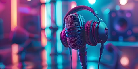 Neon-Lit Sound Recording Studio Microphone and Headphones in Close-up. Concept Neon Lights, Sound Recording, Studio Equipment, Close-up Photography, Music Production