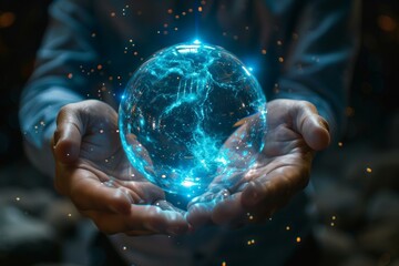 Man holding a glowing, mystical blue orb.