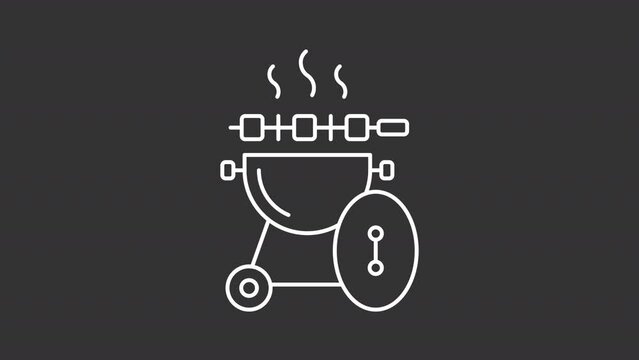 Animated gas grill white icon. Outdoor party line animation. Moving kebab, evaporating. Barbecue food, grilling. Isolated illustration on dark background. Transition alpha video. Motion graphic