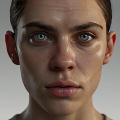 A woman with freckles and blue eyes looks intently at the camera