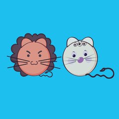 Cute expressions of angry lion and sad cat on blue background.