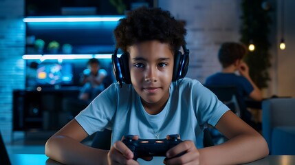 A teenager playing an online game on a high-end gaming console, connected to a high-speed wireless home internet network The room is filled with modern gaming equipment, and the background shows