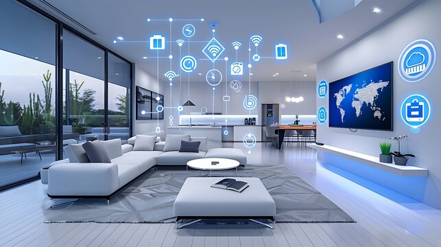 A smart home environment with various connected devices like smart lights, security cameras, and a smart thermostat, all controlled via a high-speed wireless home internet network The scene includes