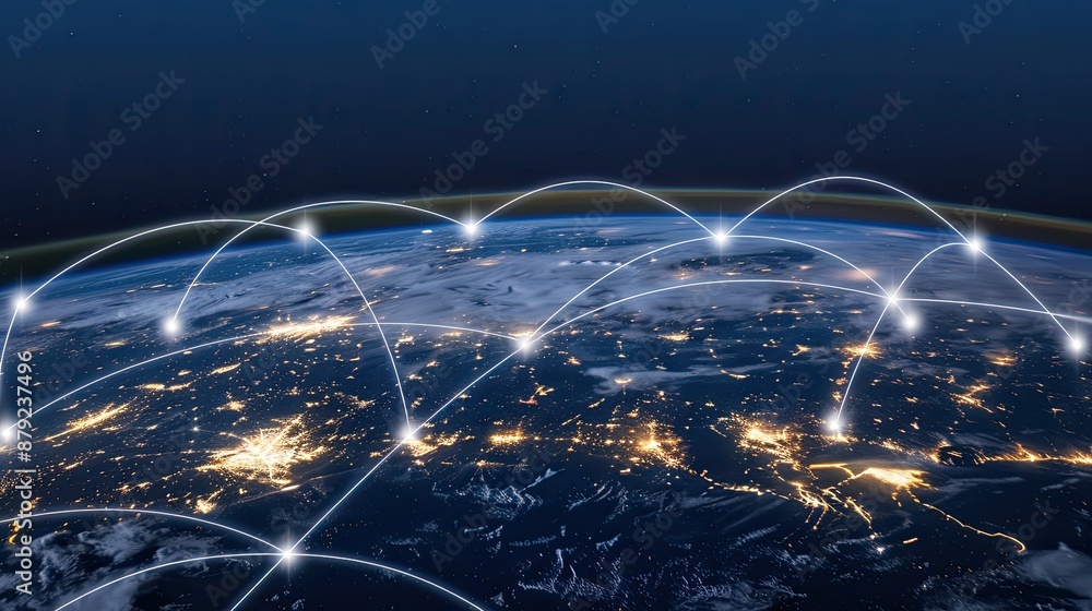 Poster a nighttime view of earth from space with illuminated cities and connecting lines symbolizing global