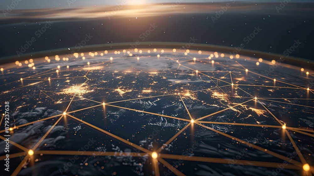 Poster a nighttime view of earth from space with illuminated cities and connecting lines symbolizing global