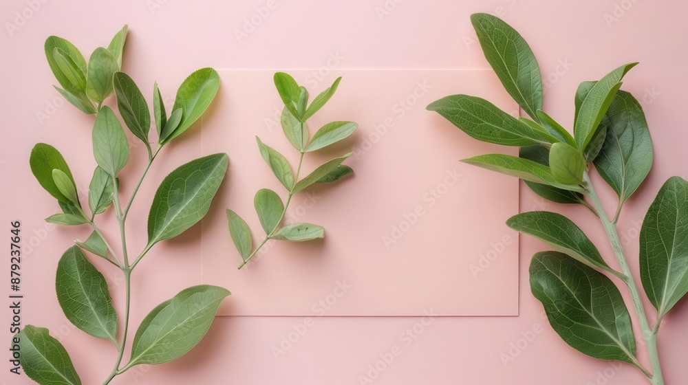 Poster top view of botanical sketches on soft pink paper, embracing nature minimalism with ample copy space