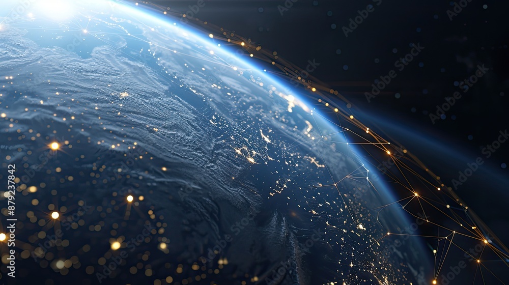 Poster a nighttime view of earth from space with illuminated cities and connecting lines symbolizing global