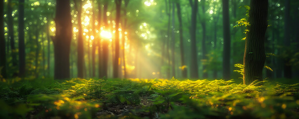 Obraz premium Green Meadow in Sun Rays, Grass Field, Forest Glade, Abstract Nature Background. Plants, Leaves, Fauna, Vegetation. Ecology, Sustainability, Climate Change. Rural Aesthetics, Organic Beauty, Fresh Air