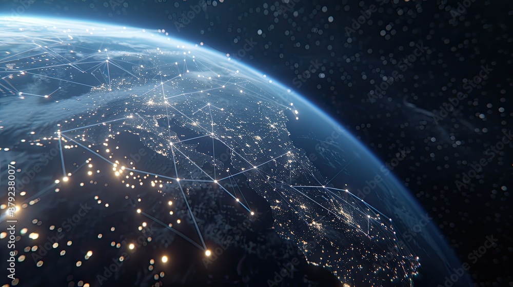Poster a nighttime view of earth from space with illuminated cities and connecting lines symbolizing global
