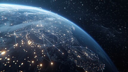 Obraz premium A nighttime view of Earth from space with illuminated cities and connecting lines symbolizing global connectivity