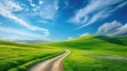 green grass outdoor field landscape with roadway