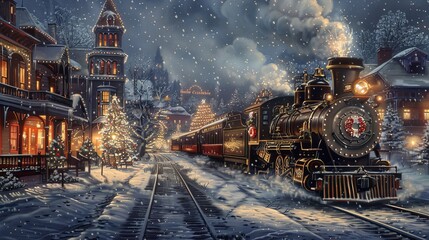 Obraz premium Festive Steam Train in Snowy Village During Christmas Night