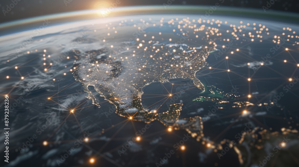 Poster a nighttime view of earth from space with illuminated cities and connecting lines symbolizing global