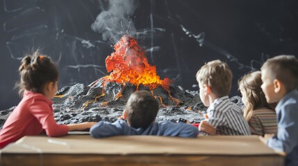 Kids watching a volcano model erupt, geology education, interactive science lesson