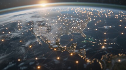 A nighttime view of Earth from space with illuminated cities and connecting lines symbolizing global connectivity