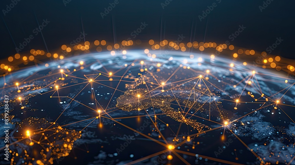 Poster a nighttime view of earth from space with illuminated cities and connecting lines symbolizing global