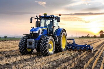 Fototapeta premium Blue Tractor Plowing Field at Sunset