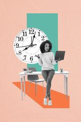 Vertical composite artwork collage image picture of video call laptop office clock isolated on...