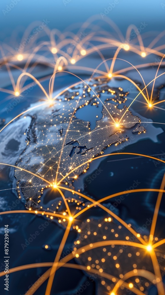 Poster a nighttime view of earth from space with illuminated cities and connecting lines symbolizing global