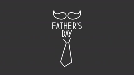 Fathers day white line animation. National holiday celebration animated icon. Shaking mustache, moving tie. Isolated illustration on dark background. Transition alpha video. Motion graphic