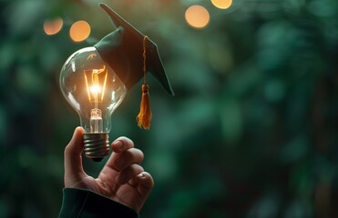 Hand holding a light bulb with a graduation hat on a green background symbolizes education and creative thinking
