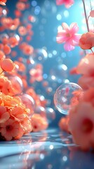 Soft focus image of beautiful pink flowers and bubbles, creating a dreamy, magical atmosphere with a pastel color palette.