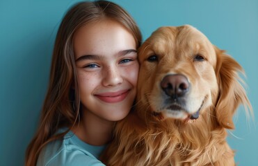 A happy young woman embraces a golden retriever dog with affection and joy