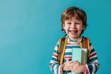 Smiling Schoolboy Holding a Notebook Against Blue Background Book Back to school