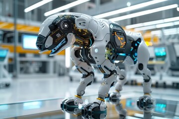 A futuristic robotic animal in a high-tech laboratory, showcasing advanced technology and innovation.