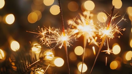 Fototapeta premium Sparkler Fireworks with Bokeh Lights Celebrating Festive Holiday Season