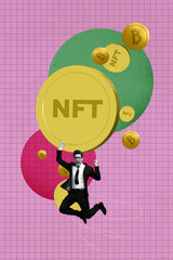 Vertical collage young businessman jump celebrate success winner victory golden coins nft bitcoin...