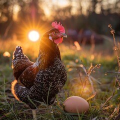 A quiet moment at sunrise, with chickens and eggs laying, emphasizes the cycle of life and the peacefulness of the farm's mornings.