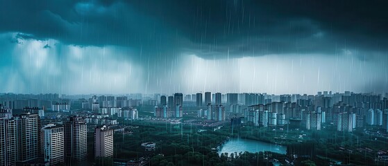 A dramatic cityscape under dark stormy clouds, showcasing tall buildings and a river with a vibrant blue hue during heavy rainfall.