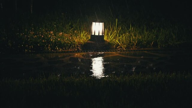 4K: Raindrops falling on the garden ground light during a rainy night