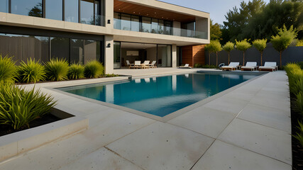 Modern Luxury Home with Swimming Pool and Lounge Chairs