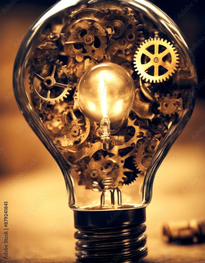 Poster gears lightbulb problem solving creative cogs symbolizing a thinking light bulb gear cog innovation 