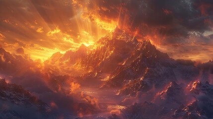 Glowing sunset casting warm light on mountains