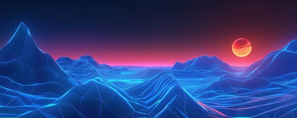 Obraz premium Neon glowing blue mountain range landscape under red sun. Concept of futuristic, synthwave, vaporwave, and cyberpunk aesthetic.