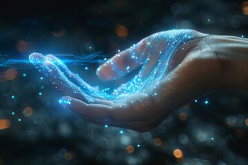 A hand immersed in a vibrant, glowing digital landscape, symbolizing connection and interaction with the virtual world.