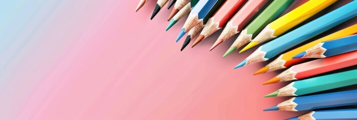 Fototapeta premium Back to school. Horizontal banner. A lot of colored pencils on a pink background. Start of the school year. Day of knowledge. Free space for text, copy space