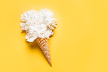 White peony flowers in waffle cone