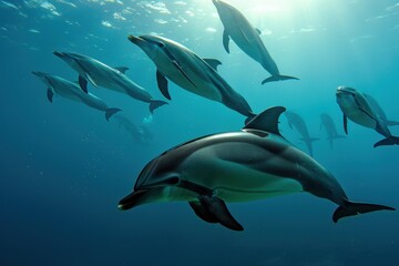 Pod of Dolphins Swimming Underwater